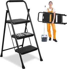Open Box 3 Step Ladder 500lbs Steel Folding Stool Wide Anti-Slip Black #R014