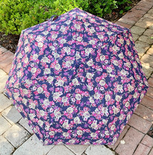 TOTES UMBRELLA NAVY BLUE PINK FLOWERS AUTO OPEN CLOSE SUNGUARD 43 IN COVER NWT