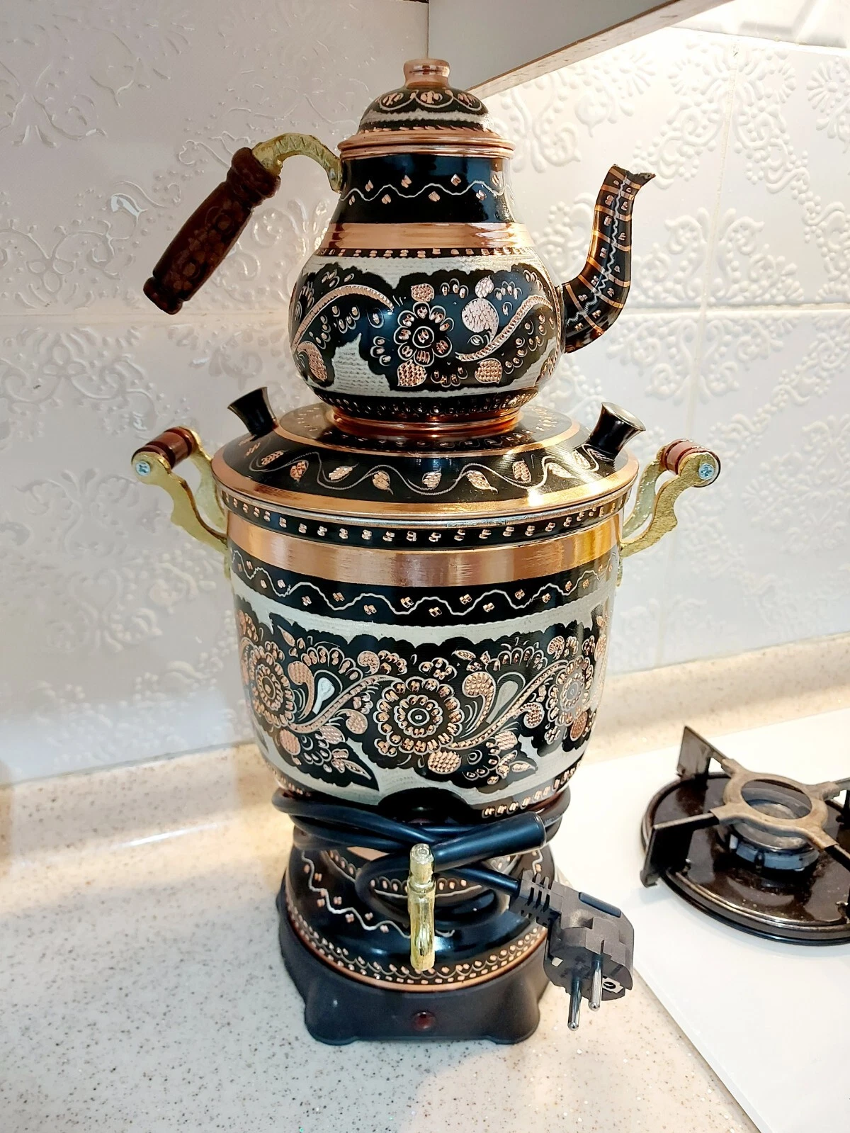 5 lt-Black Electric Copper Samovar-Thermostat Tea Set,Cylinder Kettle,Decorative