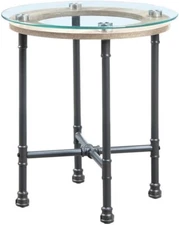 Acme Brantley Pipe Style Round Glass Top End Table in Clear and Sandy Gray