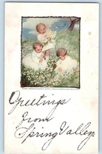 Spring Valley Minnesota MN Postcard Greetings Little Girls Picking Daisy Flowers