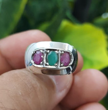 Natural Emerald Stone With Natural Rubies Stones Band Handmade Ring Silver 925