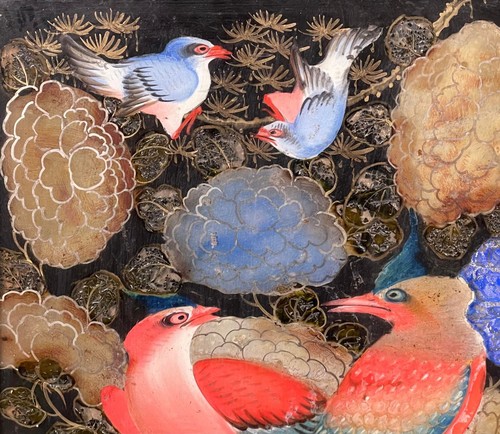 Pair of 19th early 20th Century Oriental Reverse Glass Bird Paintings - Picture 4 of 12