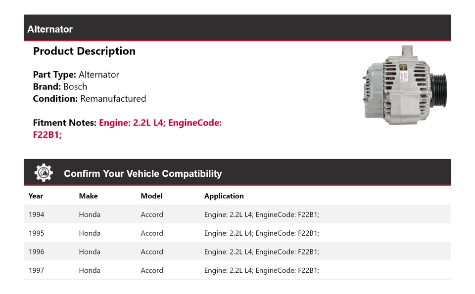 For 1994-1997 Honda Accord 2.2L L4 Bosch Alternator (Remanufactured) 1995 1996 - Image 2 of 4