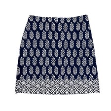 Talbots A-Line Leaf Print Cotton Skirt Navy Blue White Side Zip Close Size 2