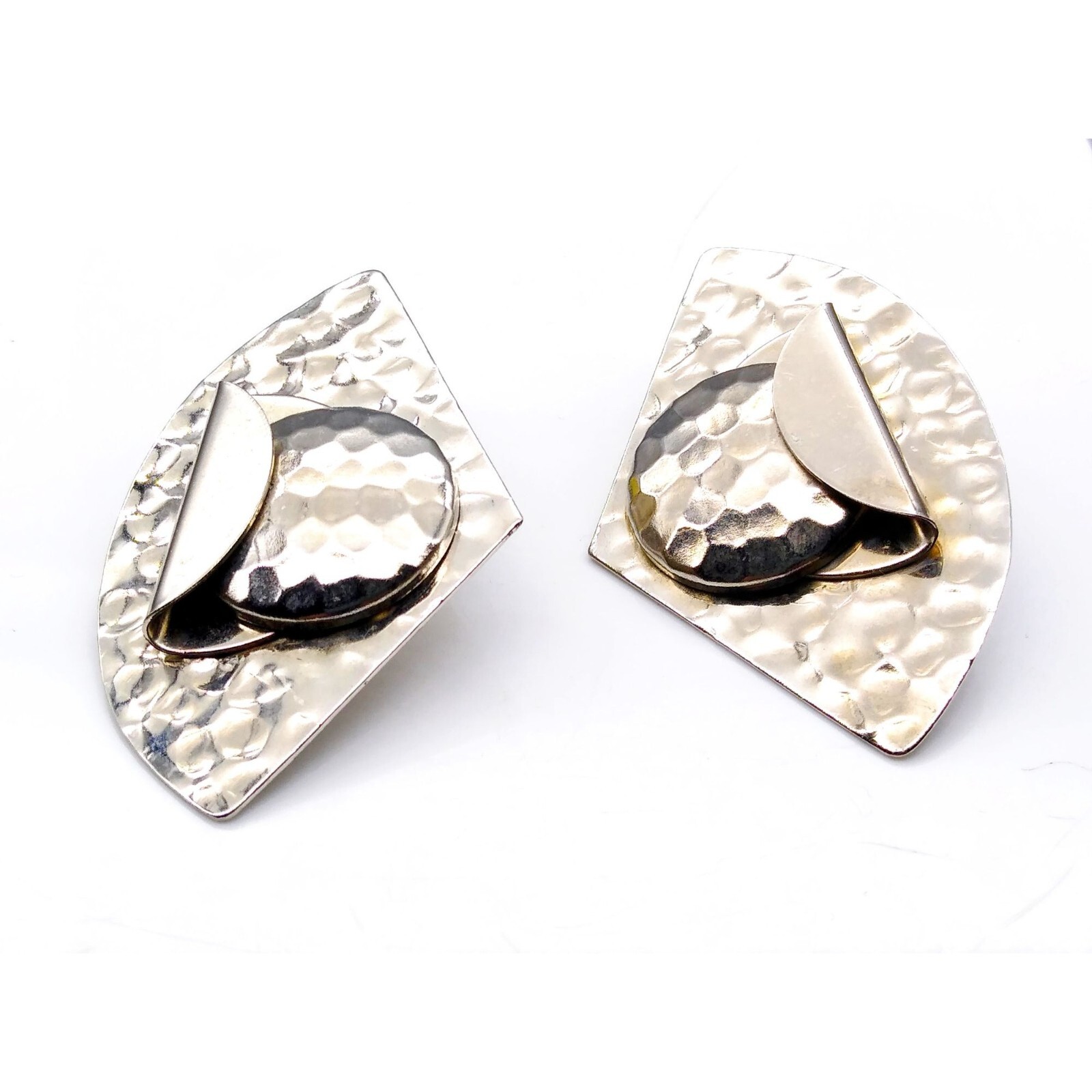 Dramatic Hammered Silver Tone Earrings, Dimension… - image 2
