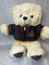 Vintage Chrisha Playful Plush Stuffed Animal Toy White Bear Jacket Christmas 14"