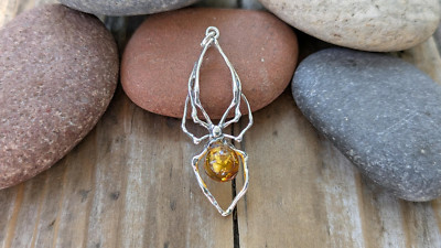 Baltic Amber and Sterling Silver Spider Pendant, Artisan Spider Jewelry