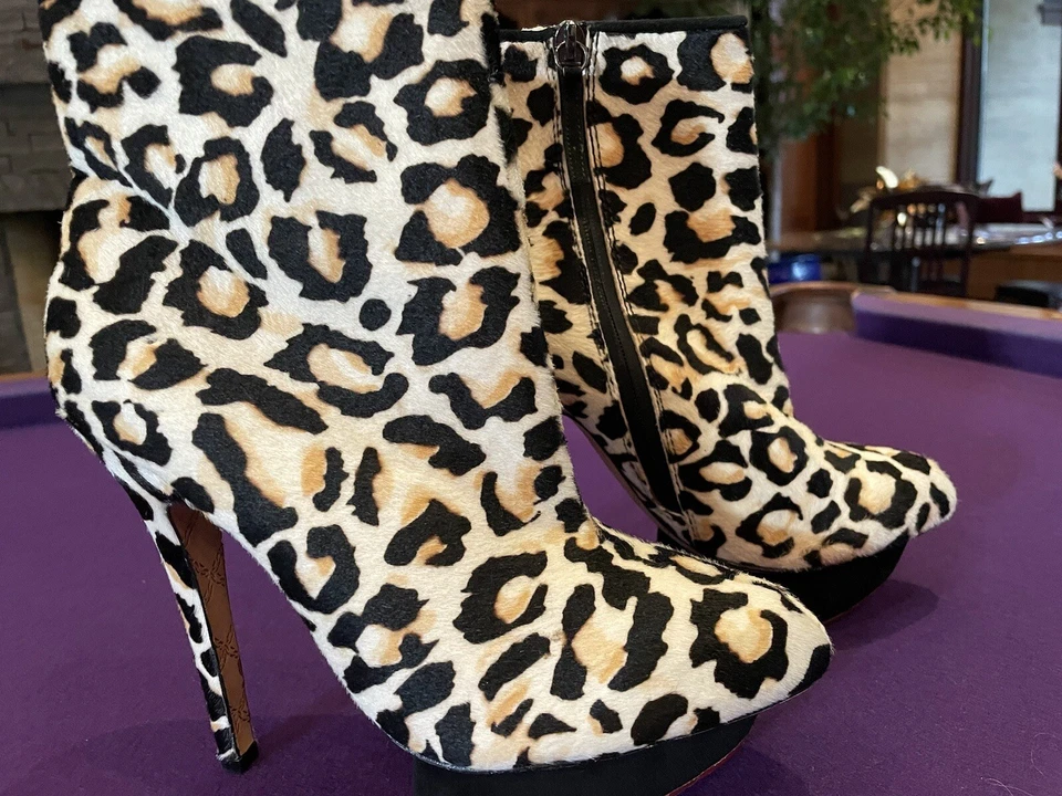 NUEVO CON ETIQUETAS L.A.M.B. Botines Piel Estampado Leopardo Cremallera Botas Plataforma Stiletto Crema Multi 8 Foto 4 de 4