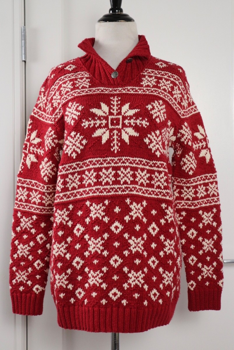 Vintage Ralph Lauren Sweater Hand Knit Red White Snowflake Sz