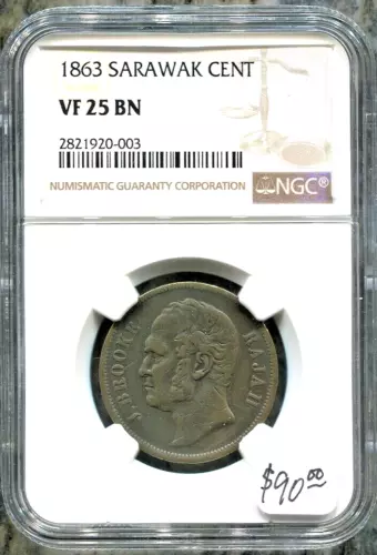 SARAWAK -  BEAUTIFUL HISTORICAL J BROOKE RAJAH 1 CENT, 1863, NGC GRADED VF 25 BN