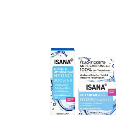 2tlg Isana Hydro Booster Glow 24H Creme-Gel +Augen-& Lippenserum +  Kosmetikband