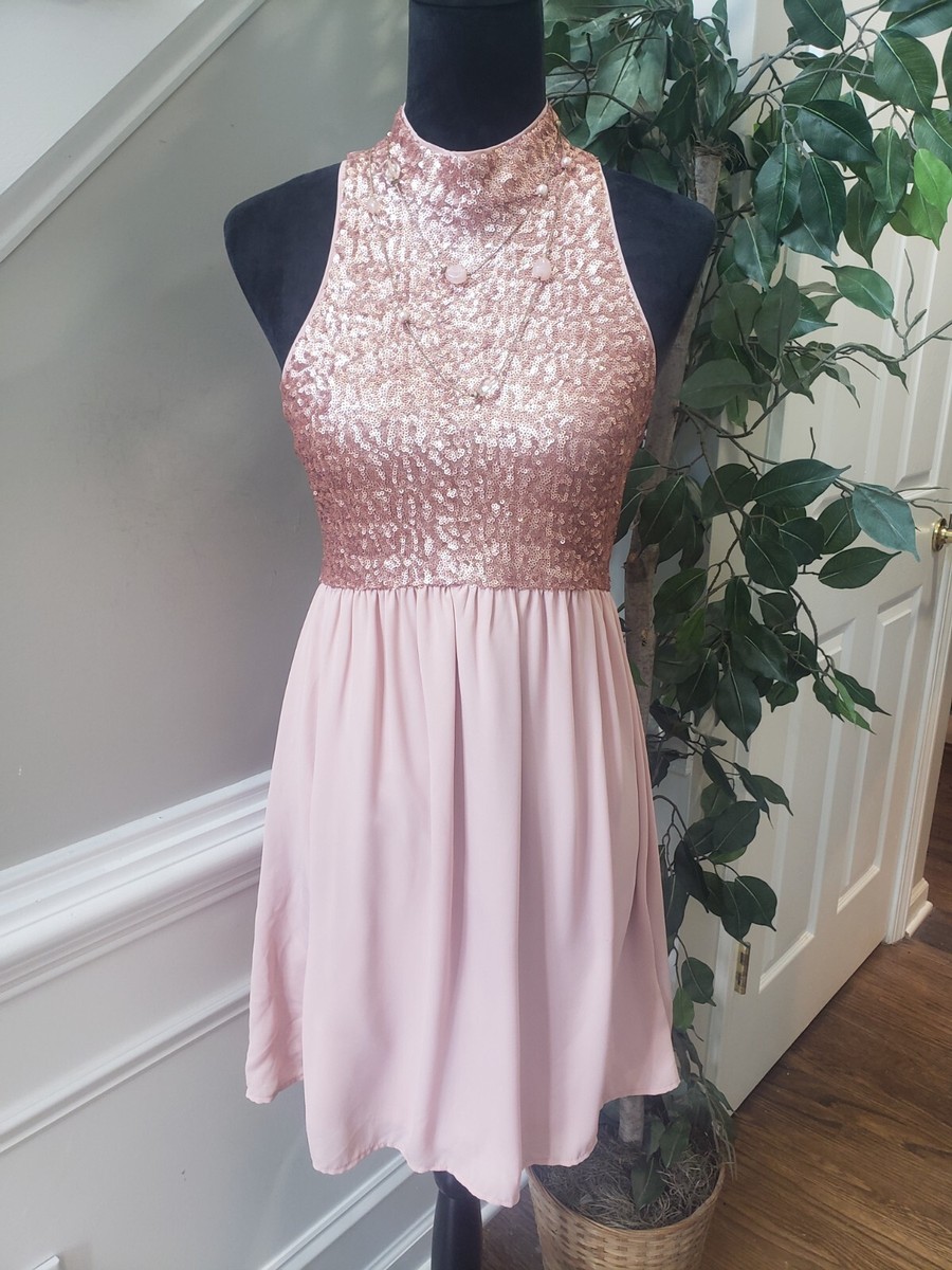 Forever 21 Women's Pink Sequin Halter Neck Sleeveless Knee Length