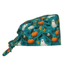 Halloween Teal Bats Ghosts Working Cap Scrub Cap with Sweatband Adjustable Un...