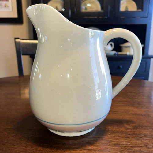 Vintage McCoy Pottery Stonecraft Pink Blue Stripe Water Milk Pitcher Jug HTF