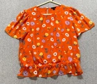 Ann Taylor Peplum Top Womens Small Orange Floral Sheer Short Sleeve Crew Neck