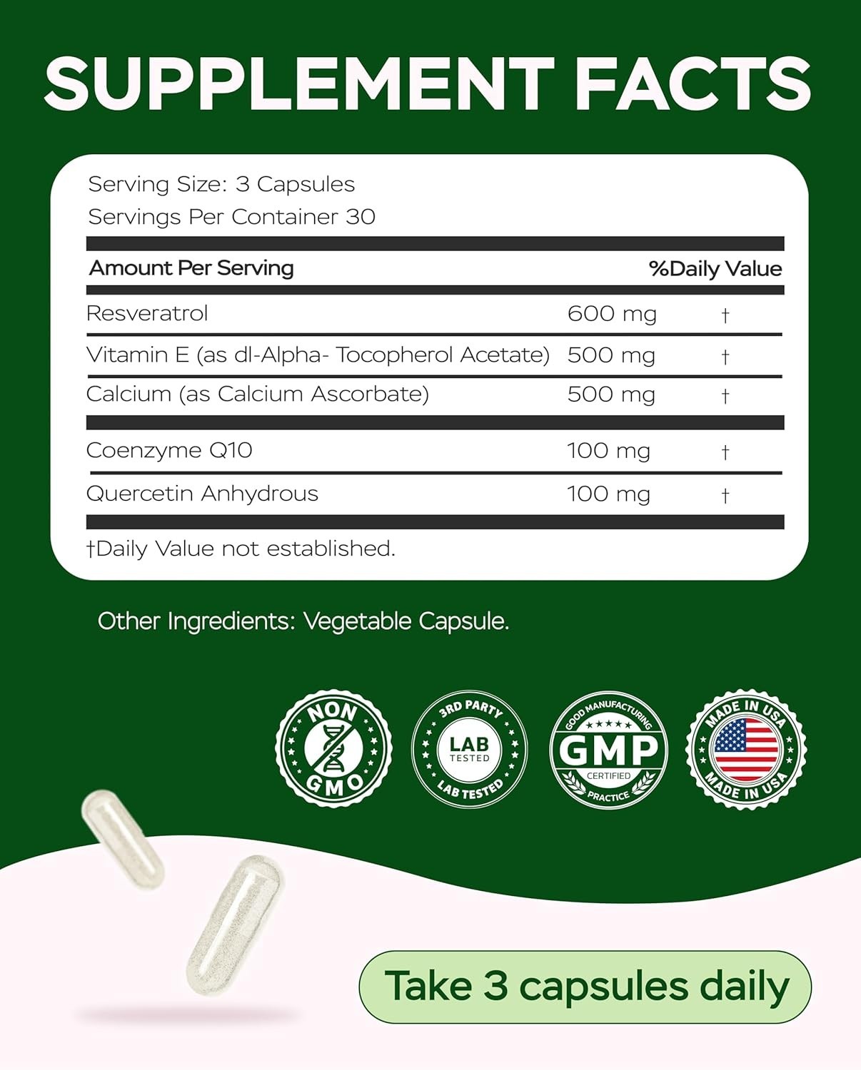 Resveratrol Supplement 1800mg Complex - COQ10 Quercetin Vitamin E Vitamin C -...