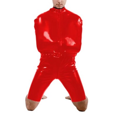 Wickel-Catsuit für Herren Stehkragen Bondage-Bodysuit offener Schritt mit Gürtel
