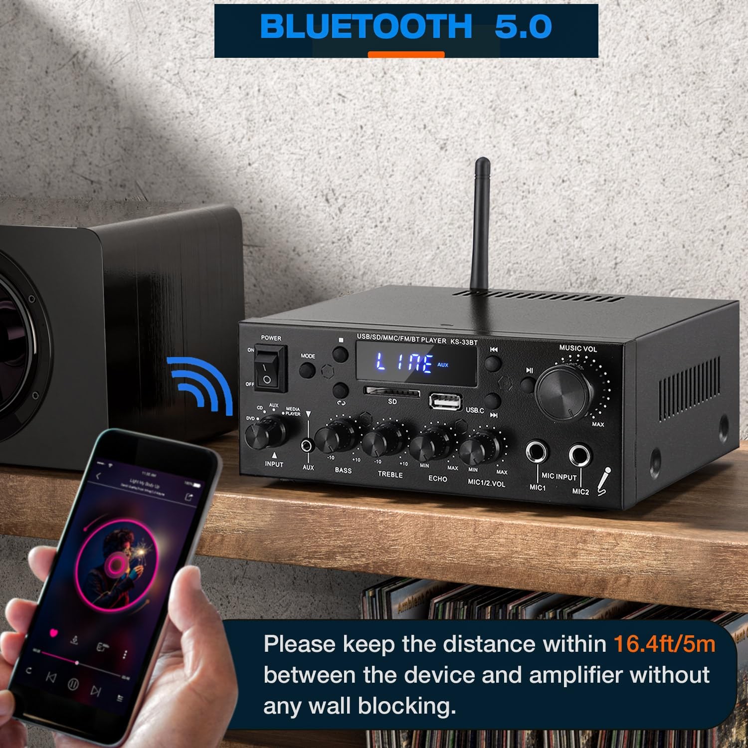 KS-33BT 2.1CH Stereo Audio Amplifier Receiver with Active Subwoofer Output, R...