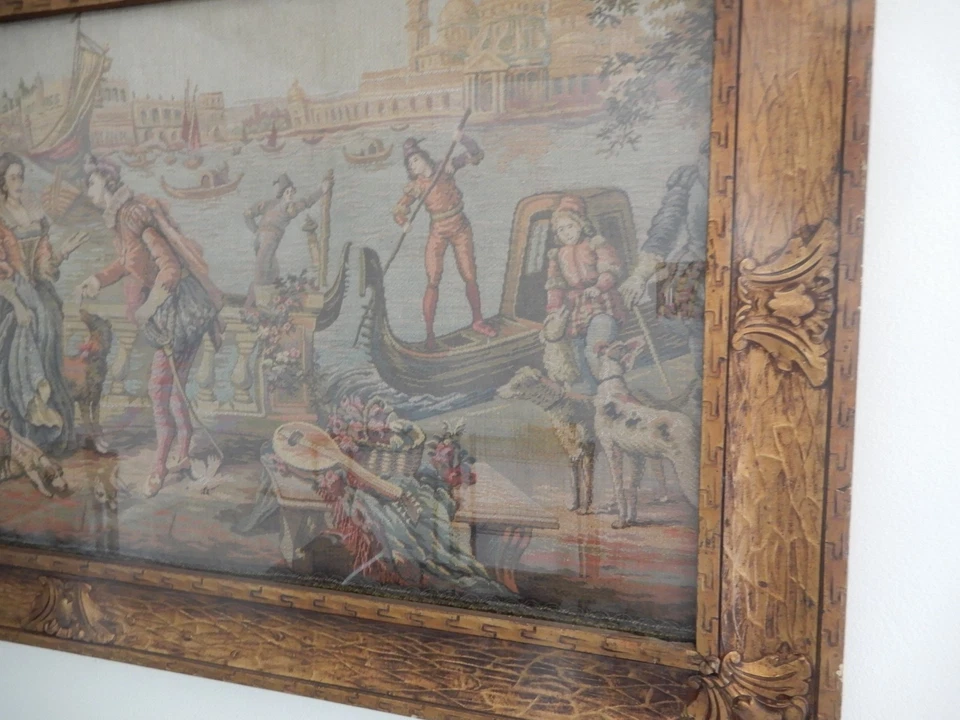 Старинный в рамке Gobelin машина сплетенный жаккардовый гобелен Венеция 41-3/4" длиной - Изображение 3 из 4