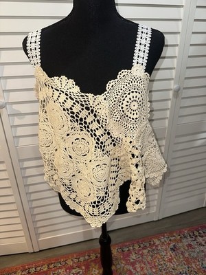 Handmade Ivory Crochet Cotton Camisole Tank Top Sleeveless Bohemian Size M