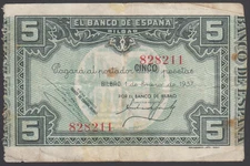 Spain  5 Pesetas 01-01-1937  VF  P. S561a,   Banknotes, Circulated