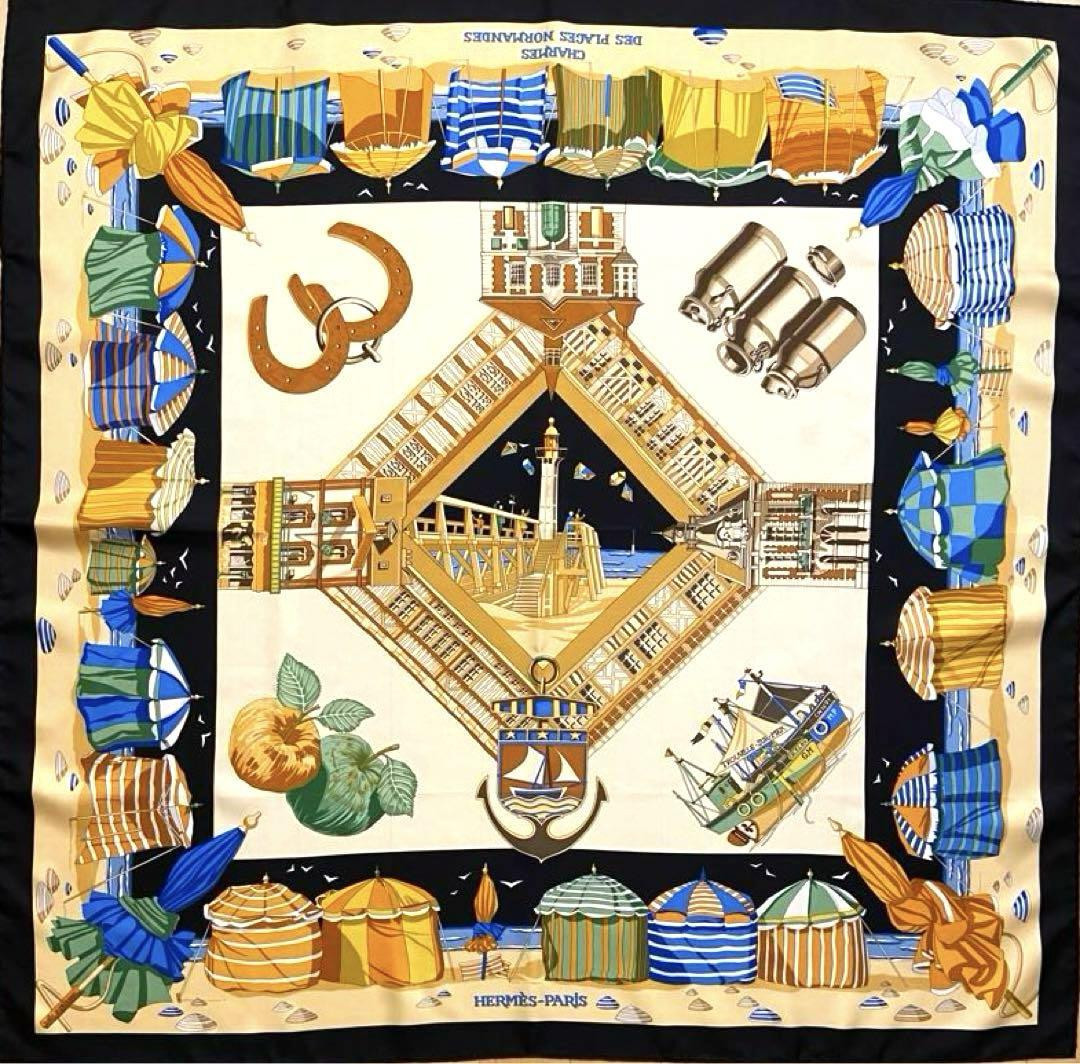 Hermes Silk Scarf Charmes des Plages Normandes Black Hermes Silk Scarf Charmes des Plages Normandes Black