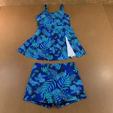 Kate Kasin Womens Size Medium Blue Palm Print 2 Piece Tankini Swim Short Set NWT