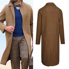 Tweed Men Overcoats Herringbone Long Coats Wool Blend Party Winter Business Prom