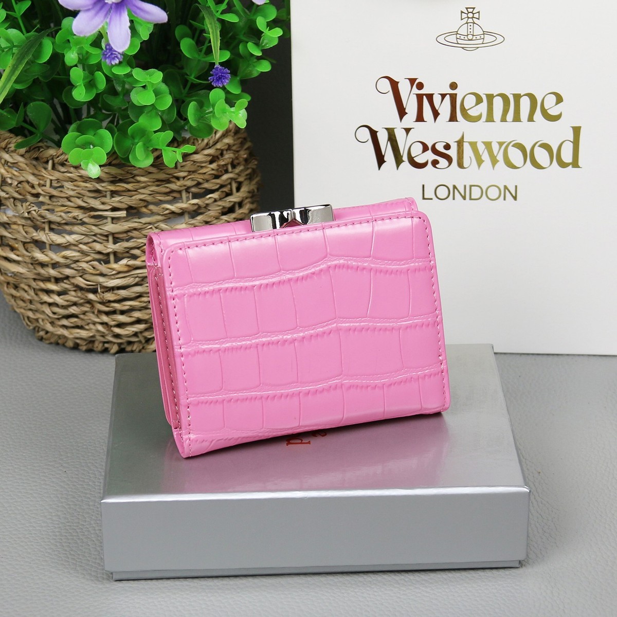 Vivienne Westwood Crocodile Small Frame Wallet Pink Orb Coin Purse