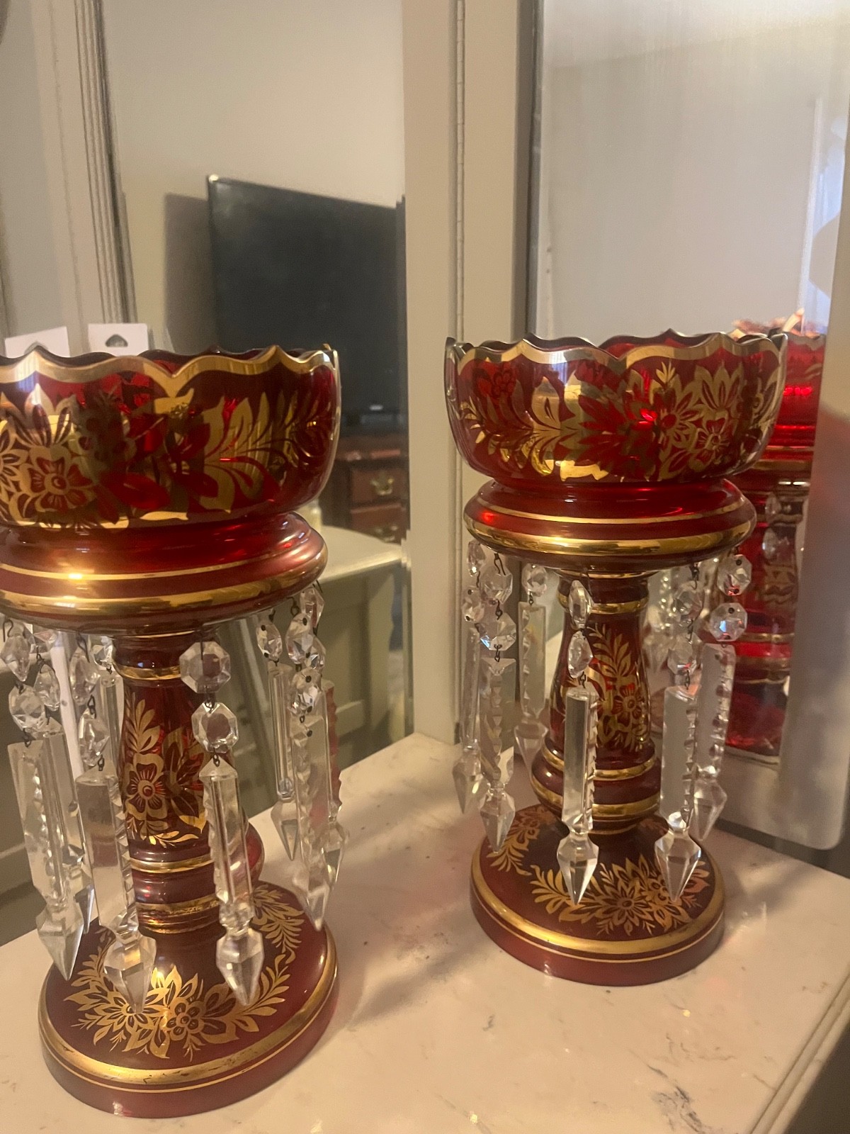 Bohemian cut crystal cranberry glass luster lamp