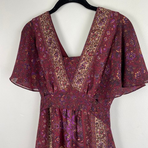 Vintage 90s Midi Dress 6 Burgundy Floral Paisley Tie Back Boho Fairy Grunge - Picture 14 of 15
