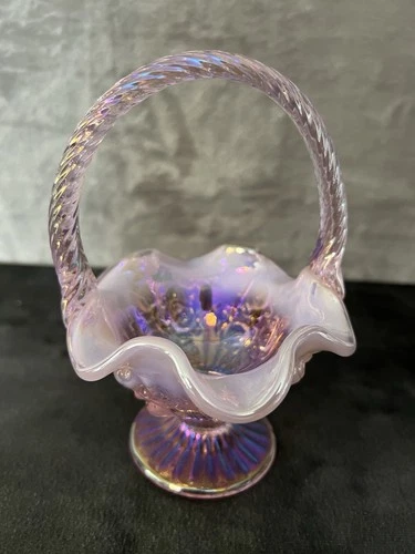 Vintage Fenton Pink Iridescent Art Glass Basket Twisted Handle Ruffled Rim