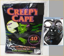 NOS Halloween Costume Black  Goth Cape Cosplay 40” W/ Rare Mardi Gras Mask Combo