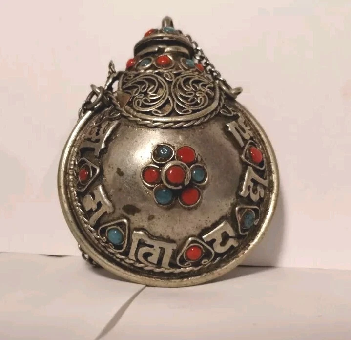 Botella de tabaco antigua china tibetana de plata y turquesa con ágata con cuchara Foto 2 de 4