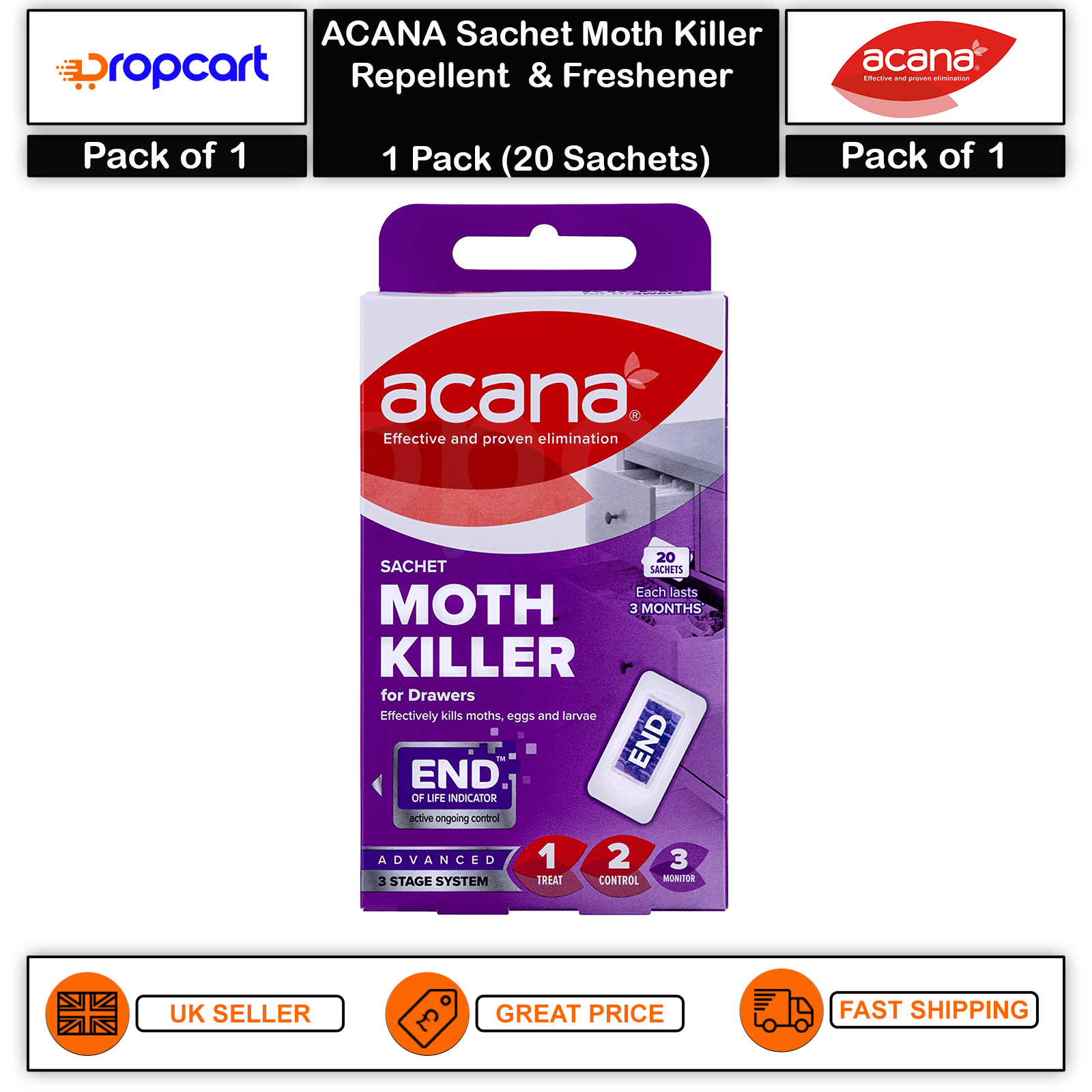 ACANA MOTH KILLER & FRESHENER SACHETS WITH LAVENDER FRAGRANCE PROTECTS