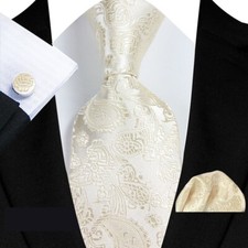 New Classic Paisley Beige Jacquard Silk Men's Tie Necktie Hanky Cufflink Set