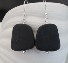 OPAQUE BLACK Cultured sea glass Handmade with silver drop earrings