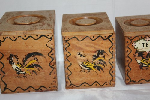 Vintage Specht Holzgeschirr Japan handbemalter Hahn stapelbare Kanister 4er Set - Bild 4 von 8