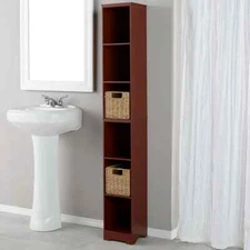 Slim Wood Storage Tower Cabinet Cubbies Bathroom Kitchen Dorm Apartment WALNUT