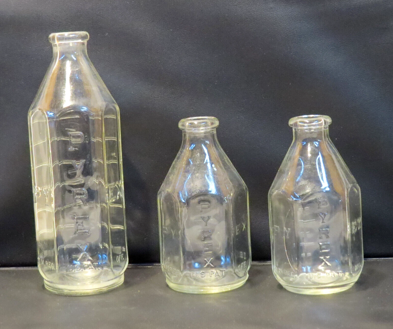 Vintage PYREX Glass Baby Bottles - 1 ea. 8oz, 2 ea. 4oz. - Narrow/Cone Tops FUN!