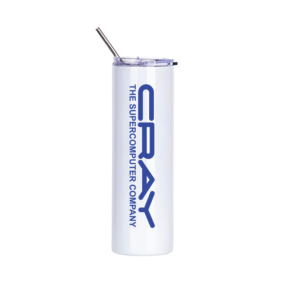 A travel tumbler repping Cray — the legendary supercomputer brand that built machines the size of couches — perfect nerd cred for your morning coffee.