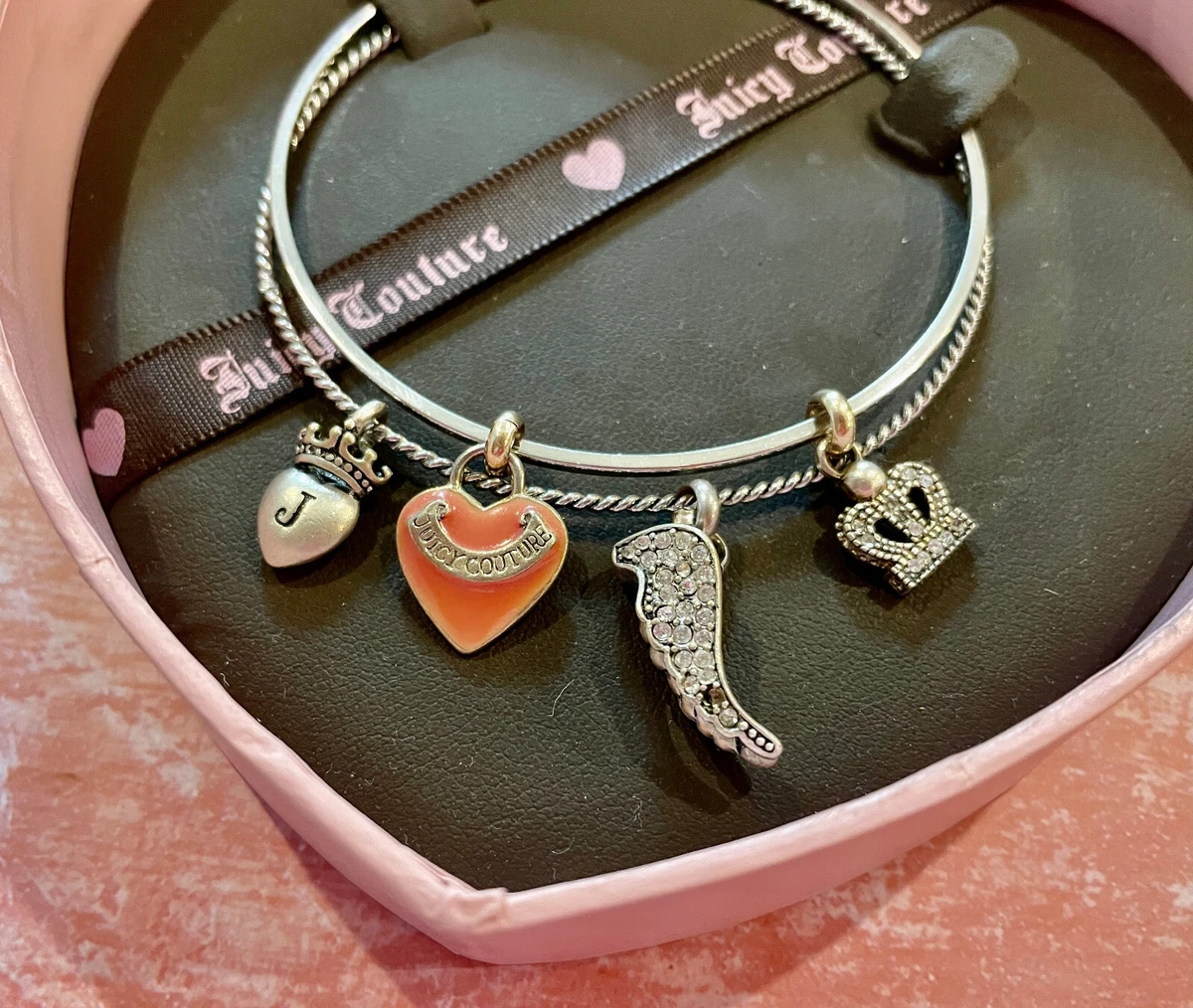 Juicy Couture Silver Bangle Charm Heart Crown Wing Bracelets YJRU0610  Retail $65