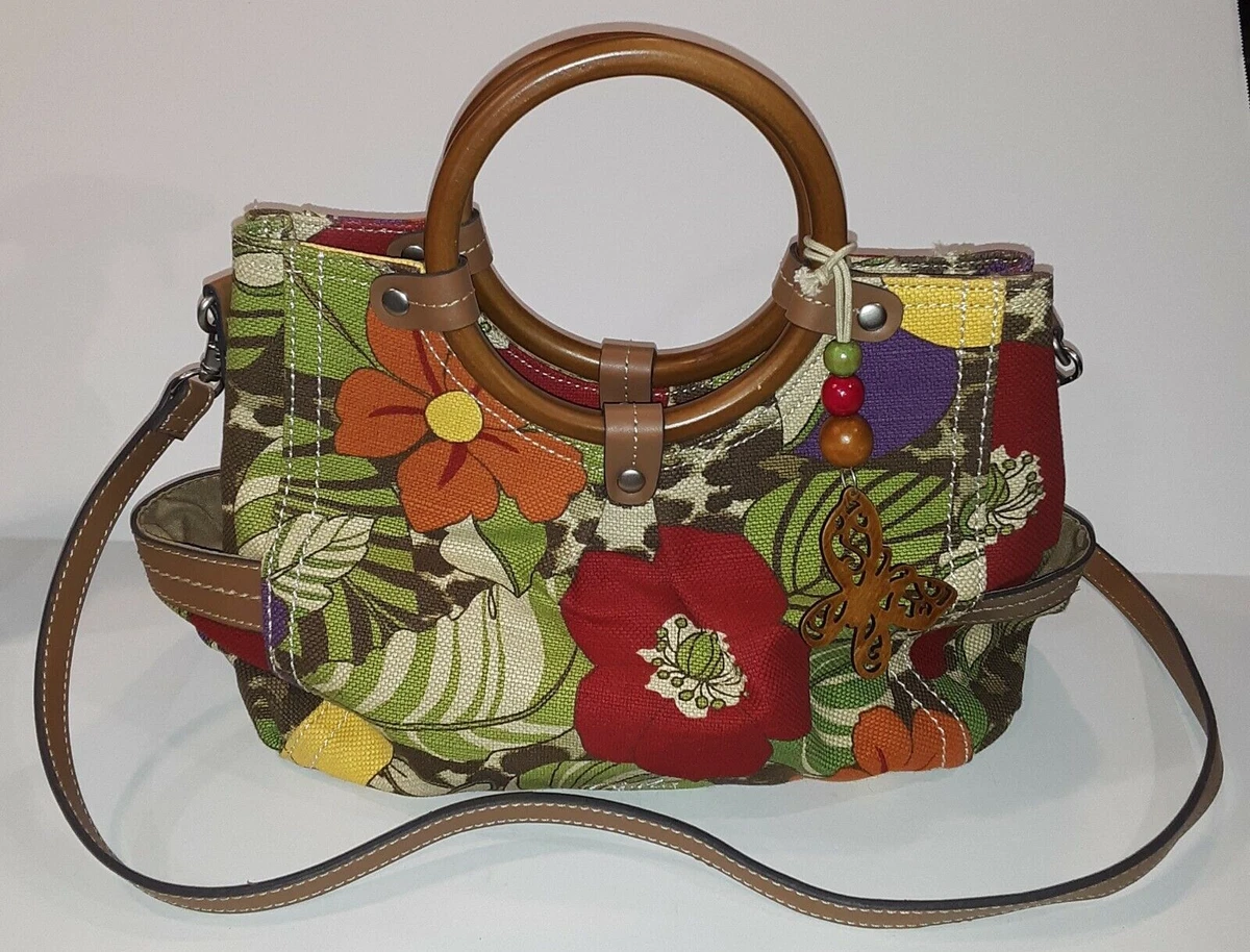 Relic Handbag Women Lg Multicolor Floral Canvas Wood Handles Purse Shoulder  Bag