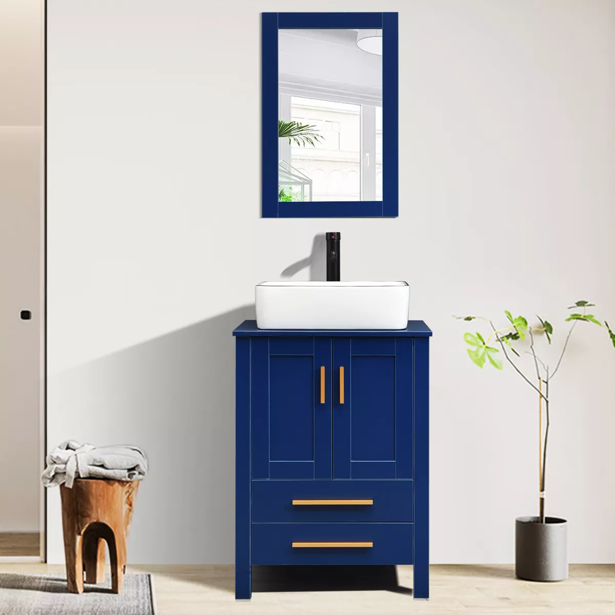 Modern Blue Bathroom Vanity Set Bathroom Cabinet With Vessel Sink Faucet Drain