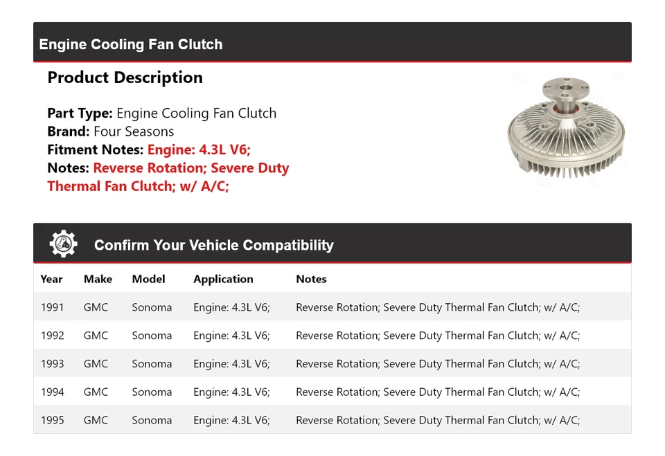 Embrague ventilador refrigeración motor V6 4,3 L GMC Sonoma 1991-1995 4 estaciones 1992 1993 Foto 2 de 4