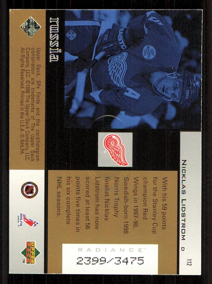 1998-99 SPx Finite Radiance #112 Nicklas Lidstrom GI /3475 - Image 2 of 2