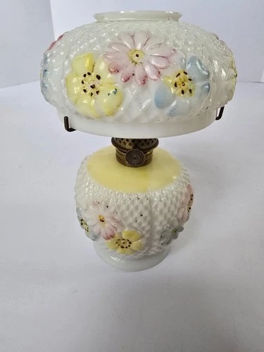 Vintage Consolidated Glass "Cosmos" Miniature Oil Lamp Hand-Painted Milk Glass