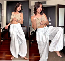 ZARA MID-RISE ZW COLLECTION LINEN STRIPED BALLOON PUFFED PANTS sz M-L 3736/249