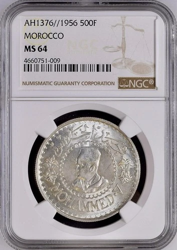 1956 MOROCCO SILVER 500 FRANCS MOHAMMED V NGC MS 64